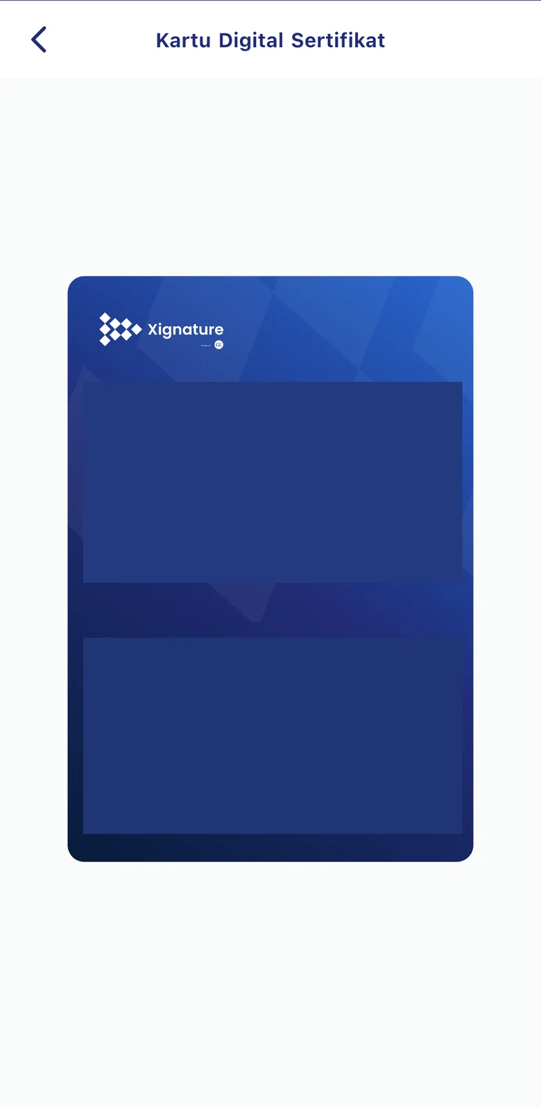 Screenshot aplikasi Xignature: Kartu Digital Sertifikat. Identitas pemilik, nomor sertifikat, dan QR disamarkan.